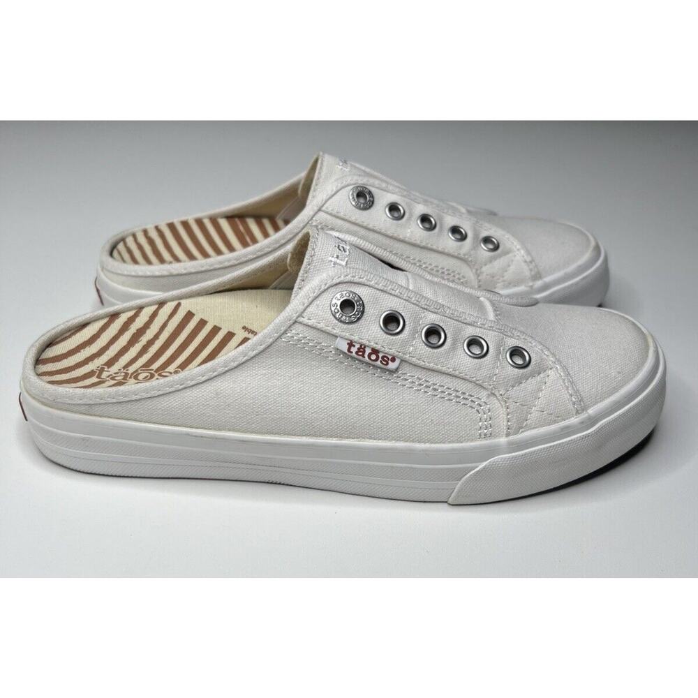 Taos EZ Soul Sneakers White Canvas Slip On Cushioned Stretch Mules Women's 8
